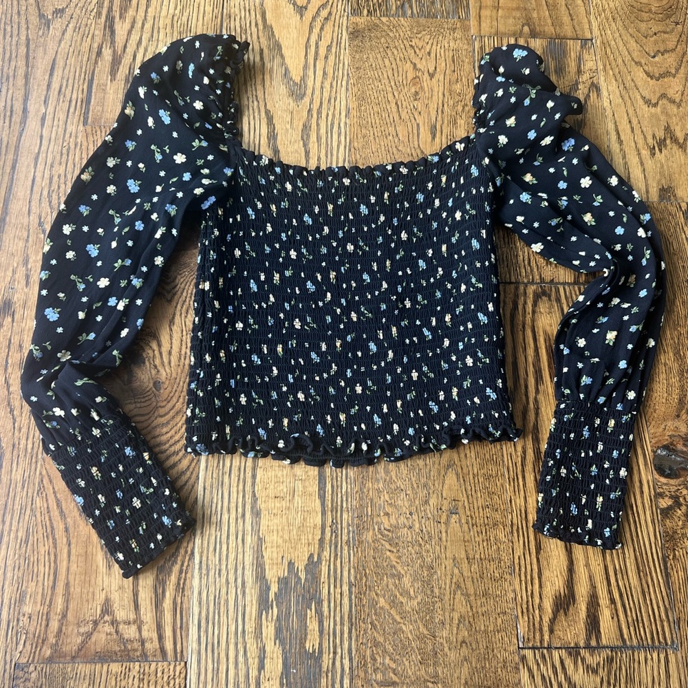 Reformation Size XS Black Pinto Smocked Floral Long Sleeve Top